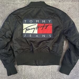 Women's Vintage Y2K Tommy Hilfiger Jeans Black Satin Flag Bomber Jacket Sz XS